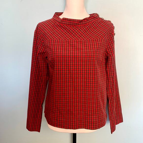 J. Crew Plaid Funnel Neck Shirt with Jeweled Buttons Size 0 - Picture 7 of 9